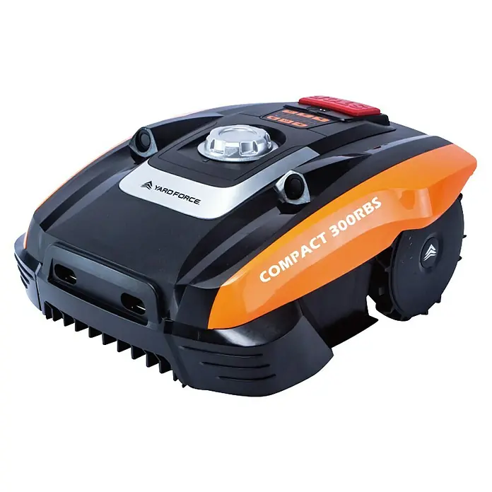 Yard Force Mähroboter COMPACT 300RBS - 300 m², Schnittbreite: 160 mm, Induktionsgestützte Navigation, Begrenzungskabel - Schwarz-orangefarbener Yard Force Compact 300RBS Mähroboter mit Bedienfeld und großen Rädern.