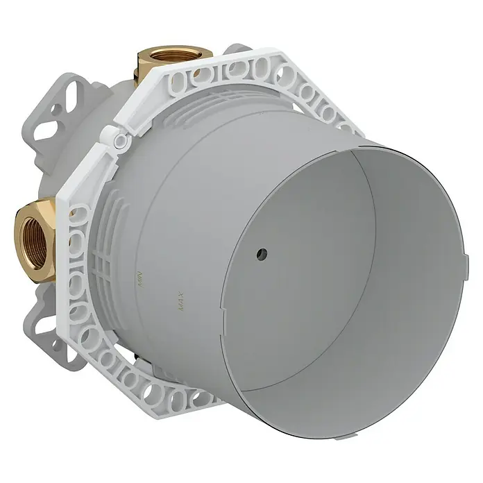 VitrA Unterputzsystem V-Box - ½″ - Helles graues Unterputz-Duschmischergehäuse aus Kunststoff mit Messinganschlüssen und MIN/MAX-Markierungen.