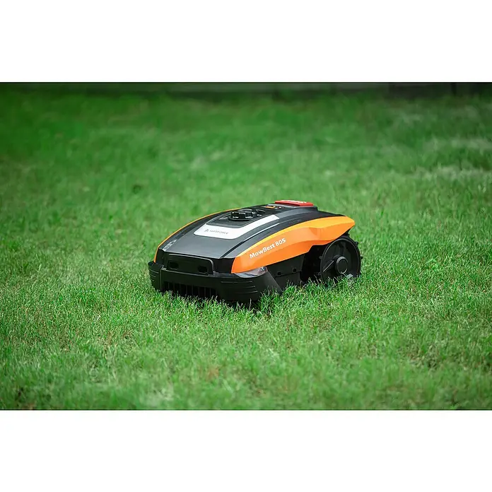 Yard Force Mähroboter Mowbest 805 - 250 m², Schnittbreite: 16 cm, Induktionsgestützte Navigation, Begrenzungskabel - Schwarz-oranger Rasenroboter mit "MowBest 805".