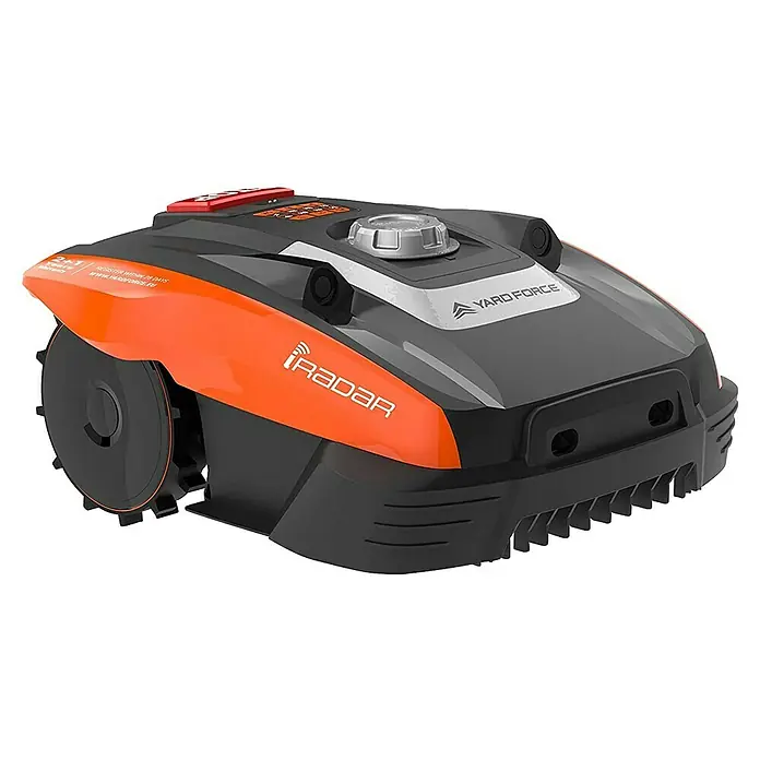Yard Force Mähroboter COMPACT 300RBS - 300 m², Schnittbreite: 160 mm, Induktionsgestützte Navigation, Begrenzungskabel - Oranger und dunkelgrauer Mähroboter mit großen Rädern und iRadar-Technologie von YARD FORCE.