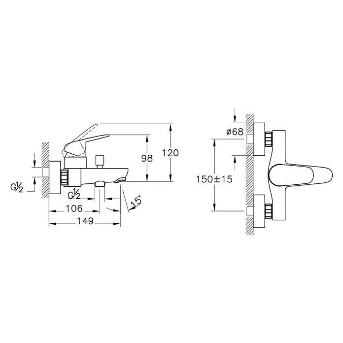 VitrA Flow Round Badewannenarmatur - Chrom, Glänzend - Technische Zeichnung einer Wand-Einhebelmischbatterie mit G1/2-Anschlüssen und Installationsmaßen.