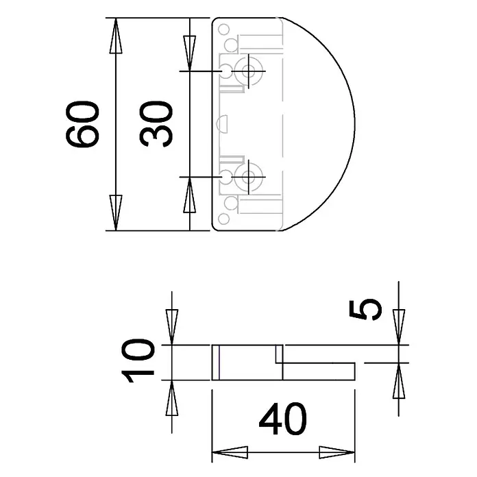 Balkontürgriff Nylon 949-13 - Braun - Abbildung einer Türpuffer-Zeichnung mit den Maßen 60 x 40 x 10 mm. Die Skizze zeigt die Abmessungen des Produkts.