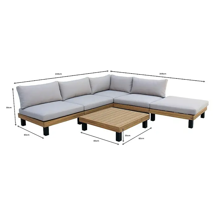 Conjunto de muebles Elsa - 6 pzs., Madera de acacia/Aluminio, Marrón - Imagen de un sofá seccional con mesa, que muestra las dimensiones del sofá (249 cm x 249 cm, 58 cm de altura, 83 cm de profundidad) y de la mesa (83 x 83 x 30 cm).