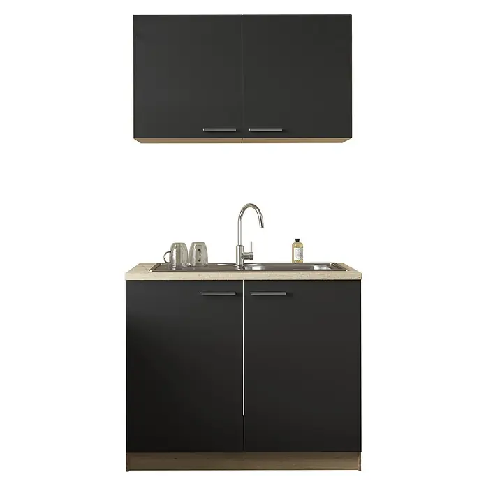 Respekta Merle Komplettspüle Typ 2 - 100 x 60 cm, Schwarz - Eine moderne Küchenspüle mit dunklen Unterschränken und Hängeschränken. Die Arbeitsplatte ist hell und es gibt einen modernen Wasserhahn.