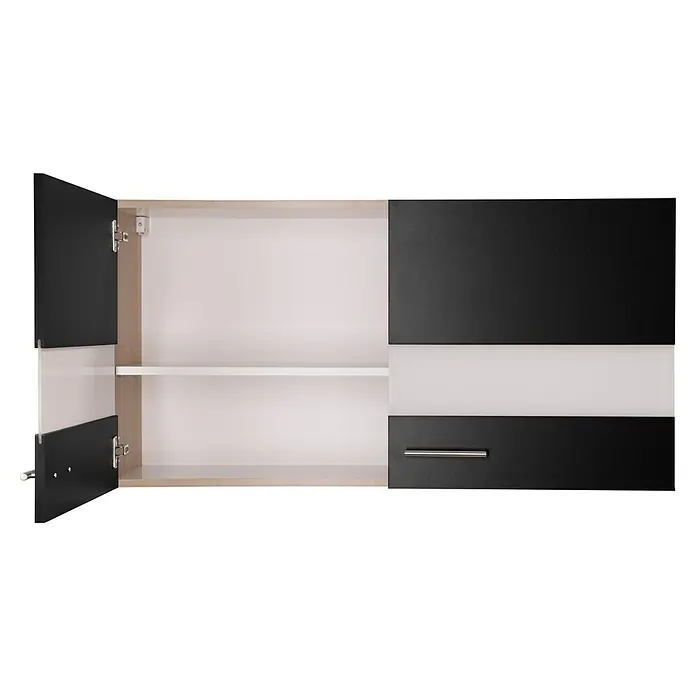 Respekta Merle Küchen-Hängeschrank - B x T x H: 110 x 34,6 x 56,1 cm, Schwarz - Aufnahme eines Badezimmerschranks mit schwarzen und weißen Fronten, dessen linke Tür geöffnet ist, um den Innenraum mit einem Regal zu zeigen.