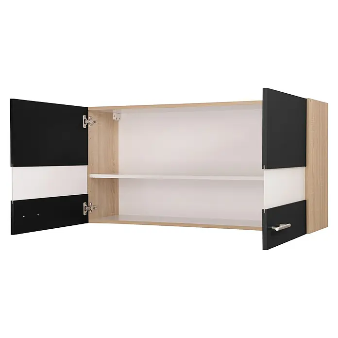 Respekta Merle Küchen-Hängeschrank - B x T x H: 110 x 34,6 x 56,1 cm, Schwarz - Ein offener Hängeschrank mit zwei geteilten Türen in Schwarz und Weiß, der eine helle Holzstruktur aufweist. Der Schrank verfügt über ein Ablagefach.
