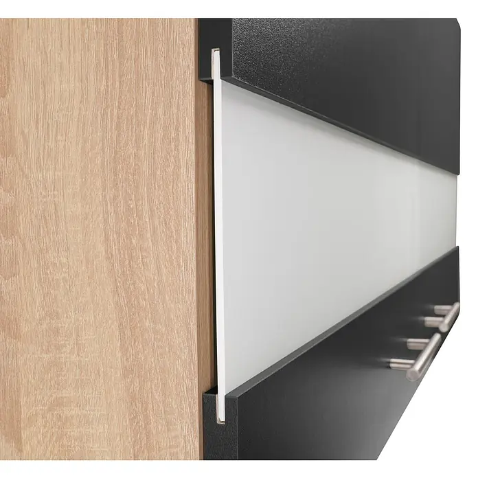 Respekta Merle Hängeschrank - B x T x H: 100 x 34,6 x 56,1 cm, Schwarz - Detailaufnahme eines modernen Schranks mit Holzstruktur, schwarzen Elementen und einer weißen Glasfront. Elegantes Design für stilvolle Wohnräume.