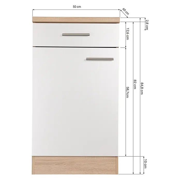 Respekta Merle Unterschrank - B x T x H: 50 x 60 x 84,8 cm, Weiß - Produktansicht eines weißen Schranks mit zwei Schubladen und Holzdetails, inklusive Maßangaben für Breite, Höhe und Tiefe.