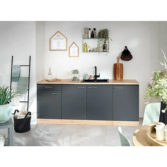 Respekta Merle Spülenunterschrank - B x T x H: 100 x 60 x 84,8 cm, Grau - Moderne Küchenzeile mit grauen Schränken, einer Spüle und einer hellen Arbeitsplatte, ideal für kleine Küchen und moderne Einrichtungen.
