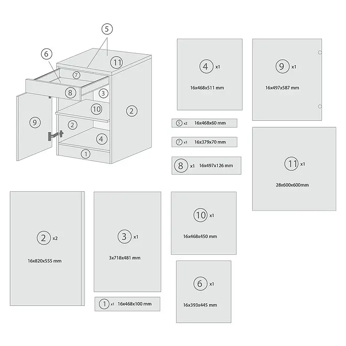 Respekta Merle Unterschrank - B x T x H: 50 x 60 x 84,8 cm, Weiß - Abbildung eines Küchenschranks mit Angabe der Maße der Einzelteile. Praktisch für den Zusammenbau.