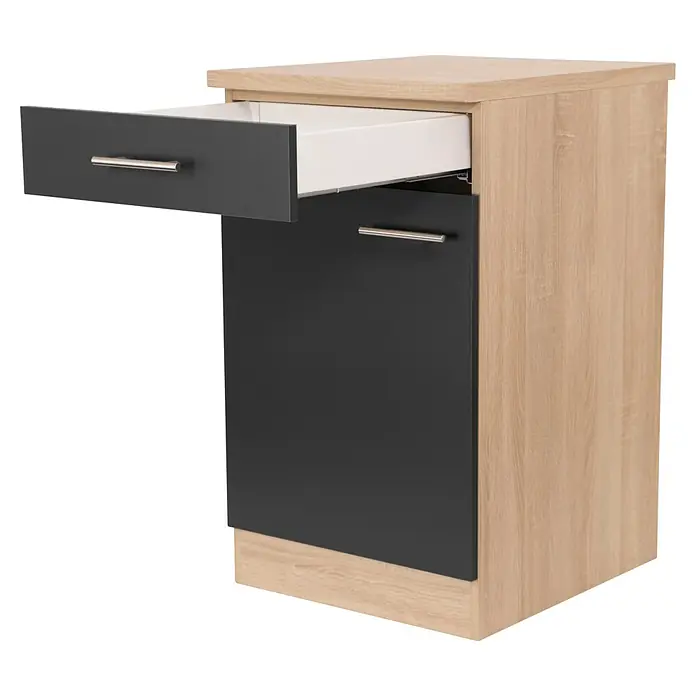 Respekta Merle Unterschrank - B x T x H: 50 x 60 x 84,8 cm, Schwarz - Elegantes Sideboard in Holzoptik mit grauer Schublade und Tür, ideal für moderne Wohnräume als stilvolles Möbelstück.