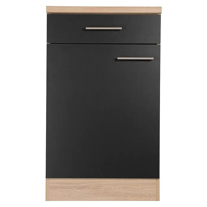 Respekta Merle Unterschrank - B x T x H: 50 x 60 x 84,8 cm, Schwarz - Aufnahme eines modernen Unterschranks mit schwarzer Schublade und Tür, akzentuiert durch Holzdetails und elegante Metallgriffe.