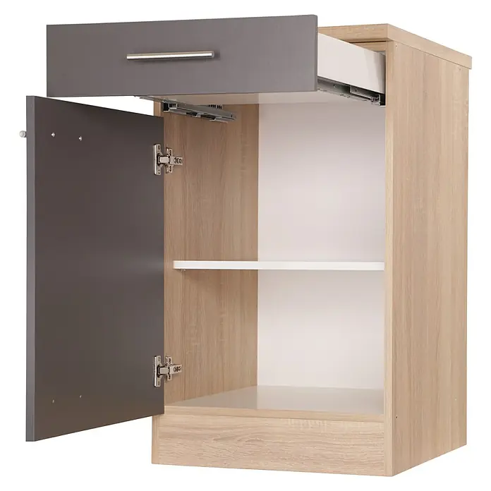Respekta Merle Küchen-Unterschrank - B x T x H: 50 x 60 x 84,8 cm, Grau - Ein offener Küchenschrank mit einer Schublade und einer Tür in Grau und hellem Holz bietet Stauraum und modernes Design.