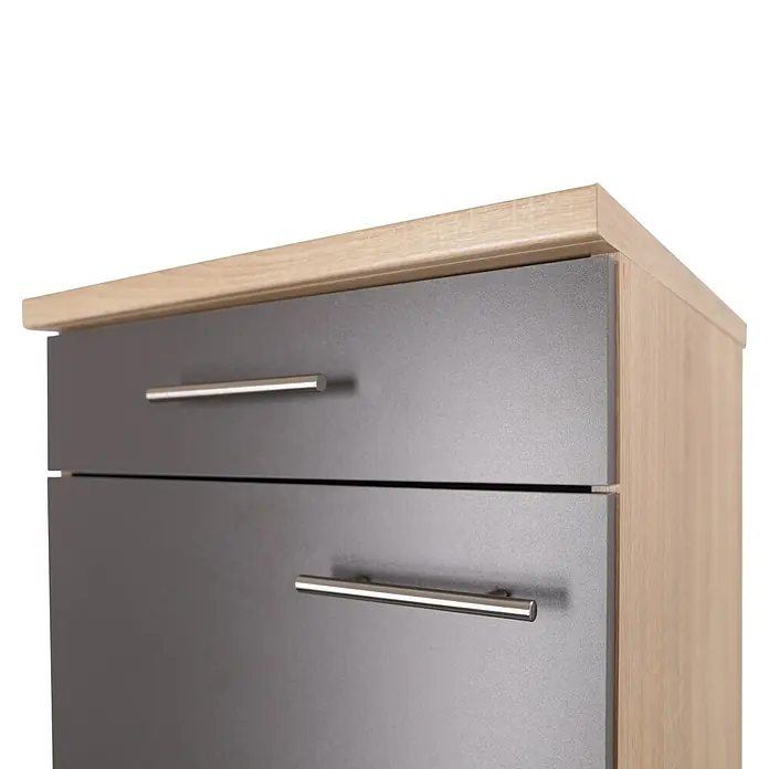 Respekta Merle Küchen-Unterschrank - B x T x H: 50 x 60 x 84,8 cm, Grau - Nahaufnahme eines modernen Schranks mit grauen Schubladen und hellbrauner Holzplatte, der ein elegantes Möbelstück darstellt.