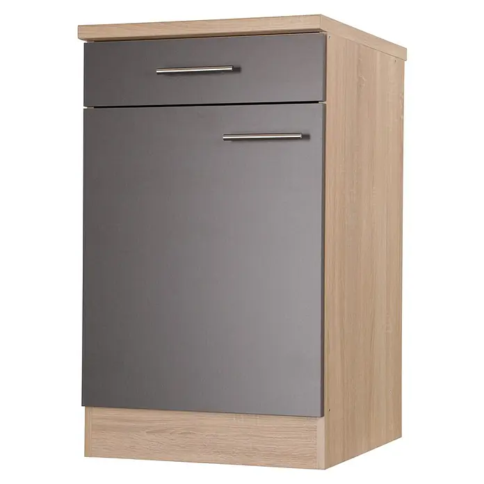 Respekta Merle Küchen-Unterschrank - B x T x H: 50 x 60 x 84,8 cm, Grau - Ein grauer Küchenschrank mit hellbraunen Holzseiten und zwei Griffen ist abgebildet. Der Schrank ist kompakt und modern.