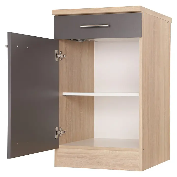 Respekta Merle Küchen-Unterschrank - B x T x H: 50 x 60 x 84,8 cm, Grau - Grauer und hellbrauner Küchenschrank mit offener Tür und silbernem Griff.