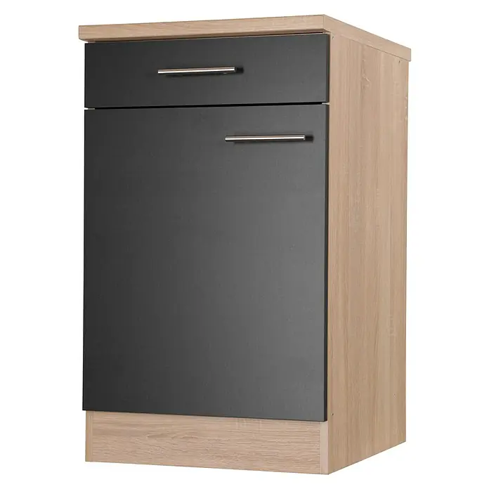 Respekta Merle Unterschrank - B x T x H: 50 x 60 x 84,8 cm, Schwarz - Ein Unterschrank in Holzoptik mit einer grauen Tür und einer Schublade mit schmalen, silberfarbenen Griffen.