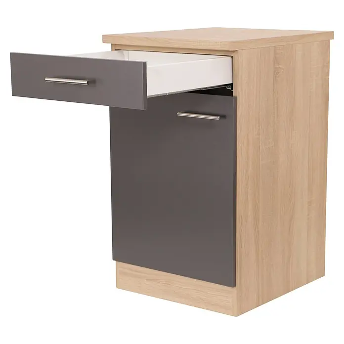 Respekta Merle Küchen-Unterschrank - B x T x H: 50 x 60 x 84,8 cm, Grau - Dieser Artikel zeigt einen stilvollen Nachttisch mit Schublade und Tür, der sich ideal für moderne Schlafzimmer eignet.