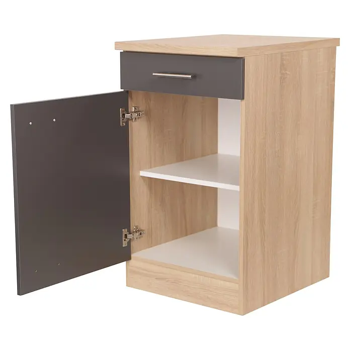Respekta Merle Küchen-Unterschrank - B x T x H: 50 x 60 x 84,8 cm, Grau - Heller Nachttisch mit grauer Schublade und offener Tür, der zwei weiße Regale freigibt. Perfekt für zusätzlichen Stauraum im Schlafzimmer.