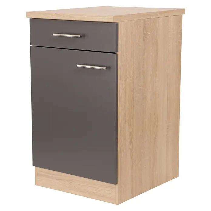 Respekta Merle Küchen-Unterschrank - B x T x H: 50 x 60 x 84,8 cm, Grau - Ein kompakter Küchenunterschrank mit einer Schublade und einer Tür in Grau und Holzoptik.