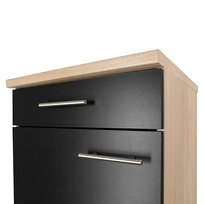Respekta Merle Unterschrank - B x T x H: 50 x 60 x 84,8 cm, Schwarz - Nahaufnahme einer Kommode mit zwei Schubladen in Schwarz und Holzoptik.