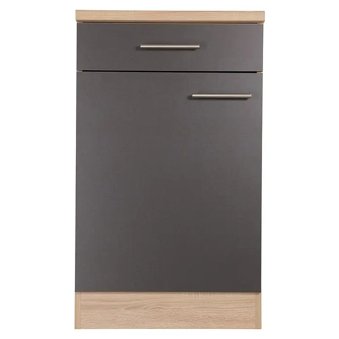 Respekta Merle Küchen-Unterschrank - B x T x H: 50 x 60 x 84,8 cm, Grau - Grauer Küchenschrank mit zwei Schubladen und silbernen Griffen, eingefasst in hellem Holz.