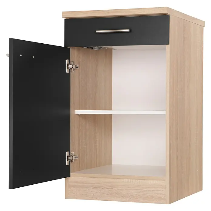 Respekta Merle Unterschrank - B x T x H: 50 x 60 x 84,8 cm, Schwarz - Aufnahme eines geöffneten Badschranks mit schwarzer Schublade und Einlegeböden.