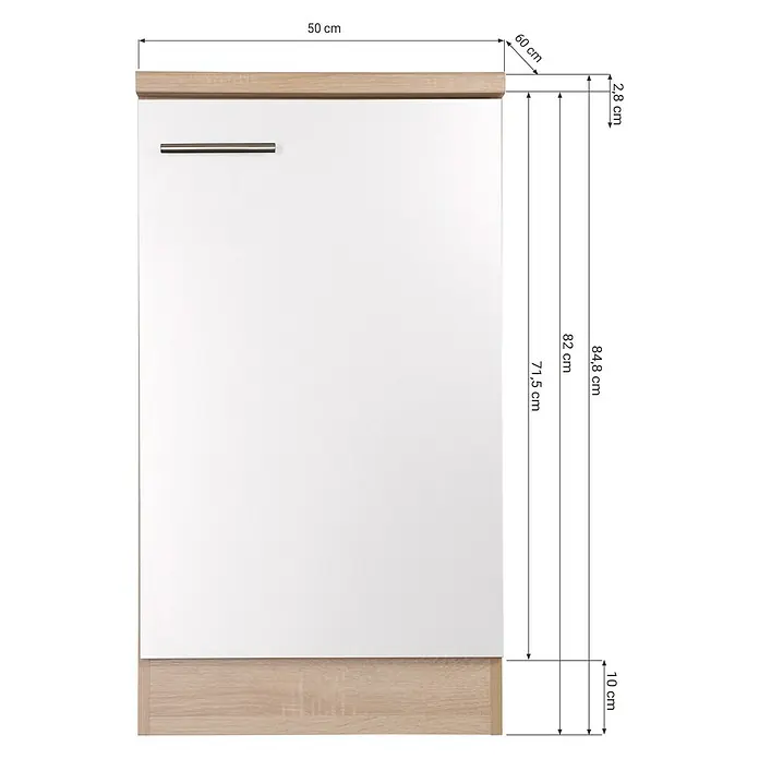 Respekta Merle Spülenunterschrank - B x T x H: 50 x 60 x 84,8 cm, Schwarz - Eine Nahaufnahme eines Schrankes mit Schublade und Holzdetails, versehen mit Maßangaben.