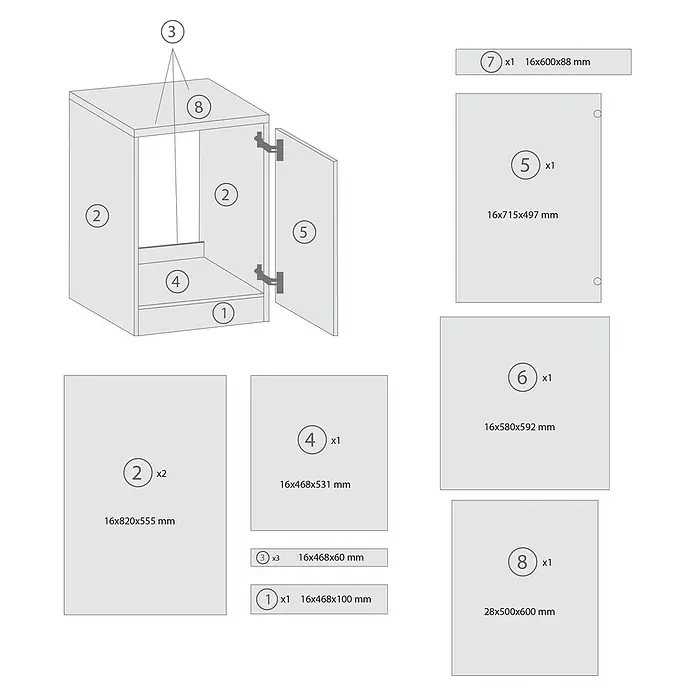 Respekta Merle Spülenunterschrank - B x T x H: 50 x 60 x 84,8 cm, Schwarz - Eine schematische Darstellung eines Möbelstücks mit verschiedenen Teilen und Abmessungen, die für den Zusammenbau benötigt werden.