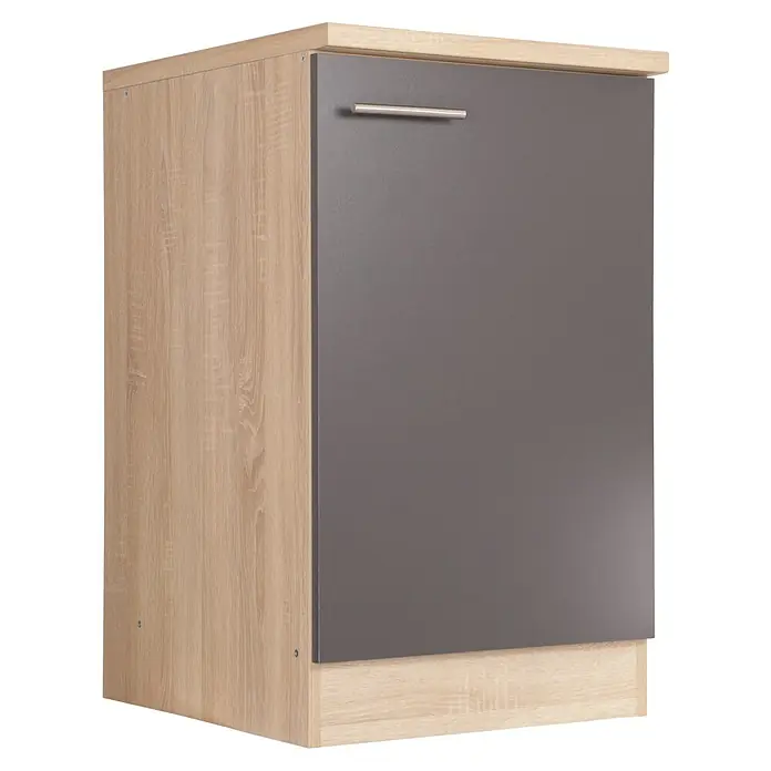Respekta Merle Spülenunterschrank - B x T x H: 50 x 60 x 84,8 cm, Grau - Ein moderner Küchenschrank in Holzoptik mit einer grauen Tür und einem silbernen Griff. Der Schrank bietet Stauraum in der Küche.