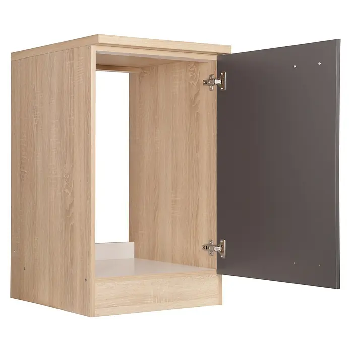Respekta Merle Spülenunterschrank - B x T x H: 50 x 60 x 84,8 cm, Grau - Abgebildeter, offener Hängeschrank in Holzoptik mit einer grauen Schranktür, die zur Seite geöffnet ist. Vielseitig einsetzbar.