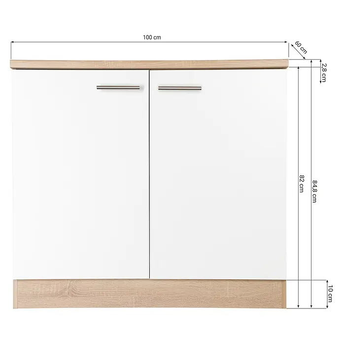Respekta Merle Spülenunterschrank - B x T x H: 100 x 60 x 84,8 cm, Weiß - Bild eines weißen Badezimmerschranks mit Holzplatte und Sockel. Die Maße sind angegeben.