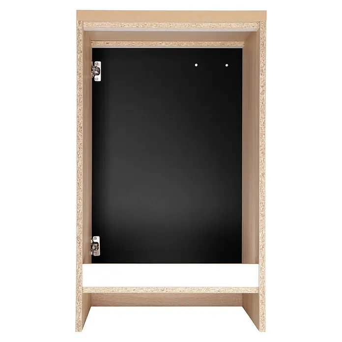 Respekta Merle Spülenunterschrank - B x T x H: 50 x 60 x 84,8 cm, Schwarz - Innenansicht eines hellbraunen Schranks mit einer schwarzen Rückwand und einem weißen Regal. Die Schranktür ist mit Scharnieren befestigt.