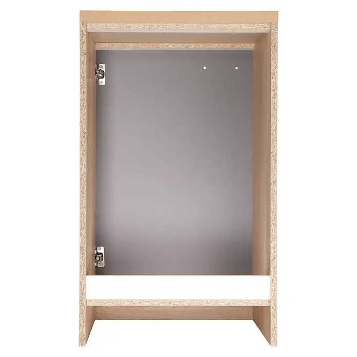 Respekta Merle Spülenunterschrank - B x T x H: 50 x 60 x 84,8 cm, Grau - Innenansicht eines hellen Holzschranks mit grauer Rückwand und weißen Regalen. Scharniere sichtbar.