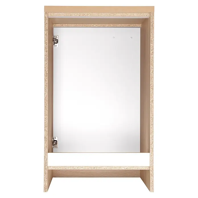 Respekta Merle Spülenunterschrank - B x T x H: 50 x 60 x 84,8 cm, Weiß - Innenansicht eines Spiegelschranks mit verstellbaren Regalböden für Badutensilien und Kosmetik.