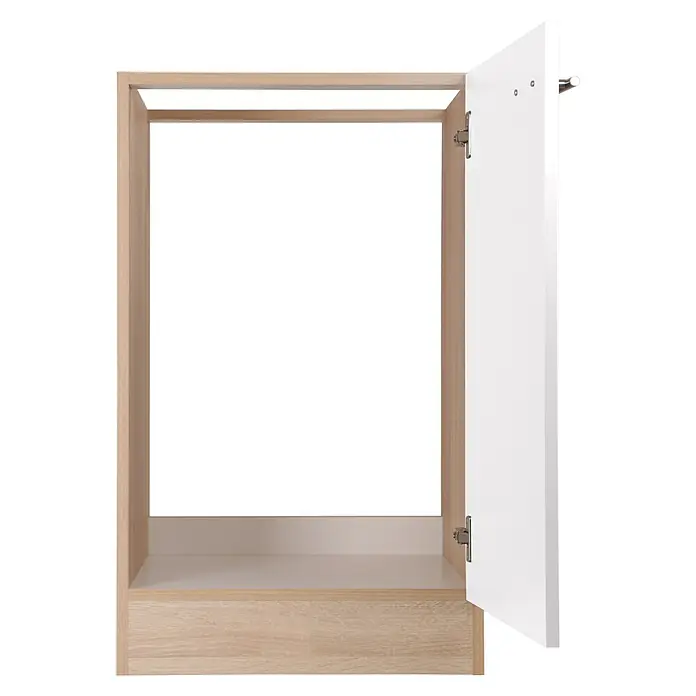 Respekta Merle Spülenunterschrank - B x T x H: 50 x 60 x 84,8 cm, Weiß - Ein offener, heller Holzschrank mit einer weißen Tür, die leicht geöffnet ist, um das Innere zu zeigen. Ideal für Schlafzimmer oder Ankleidezimmer.