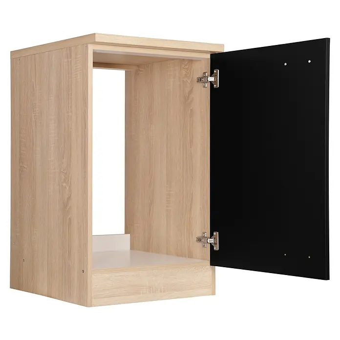 Respekta Merle Spülenunterschrank - B x T x H: 50 x 60 x 84,8 cm, Schwarz - Abbildung eines offenen Schranks mit einer schwarzen Tür und hellen Holzelementen, ideal für moderne Wohnräume.
