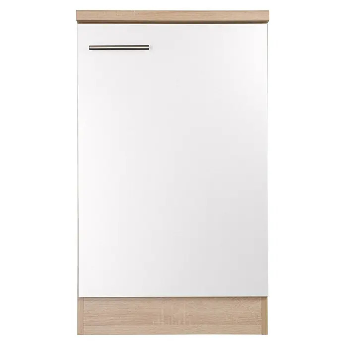 Respekta Merle Spülenunterschrank - B x T x H: 50 x 60 x 84,8 cm, Weiß - Nahaufnahme eines modernen, weißen Küchenschranks mit Holzdetails und einem eleganten, horizontalen Griff. Praktisches Design für moderne Küchen.