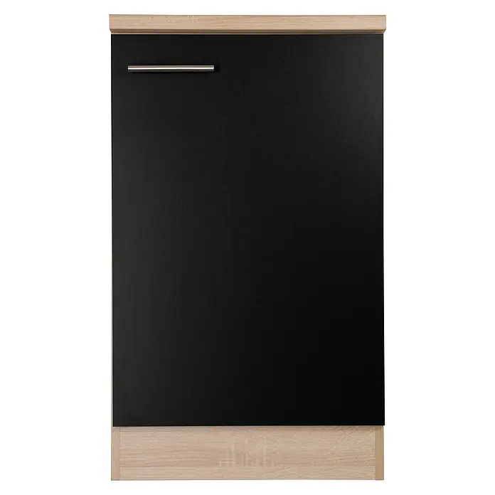 Respekta Merle Spülenunterschrank - B x T x H: 50 x 60 x 84,8 cm, Schwarz - Nahaufnahme eines schwarzen Schrankes mit einem hellen Holzrahmen und einem silbernen Griff, der eine moderne und elegante Ästhetik bietet.
