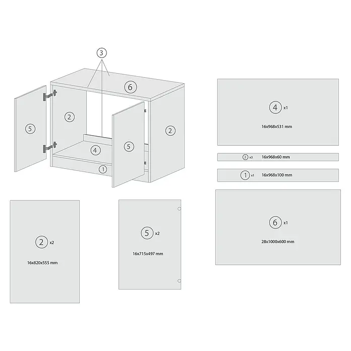 Respekta Merle Spülenunterschrank - B x T x H: 100 x 60 x 84,8 cm, Weiß - Ansicht eines zerlegten Badezimmerschranks mit allen Einzelteilen und ihren jeweiligen Abmessungen.
