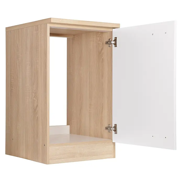 Respekta Merle Spülenunterschrank - B x T x H: 50 x 60 x 84,8 cm, Weiß - Das Bild zeigt einen Küchenschrank mit einer offenen Holztür und einem weißen Regalboden, ideal für jede moderne Küche.