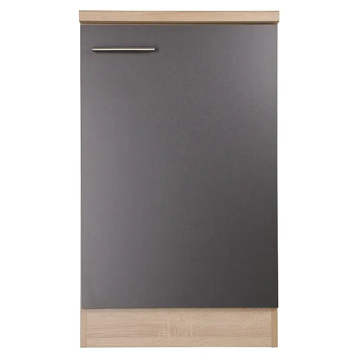 Respekta Merle Spülenunterschrank - B x T x H: 50 x 60 x 84,8 cm, Grau - Graue Küchenfront mit einem eleganten Griff, eingebettet in ein helles Holzdesign, das eine moderne und stilvolle Atmosphäre schafft.