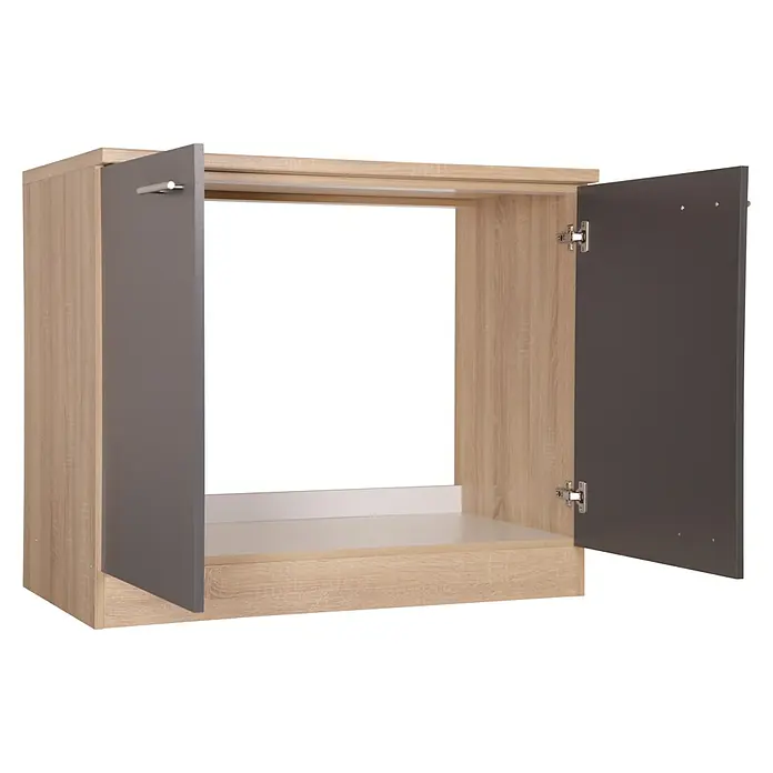 Respekta Merle Spülenunterschrank - B x T x H: 100 x 60 x 84,8 cm, Grau - Aufnahme eines offenen Schranks mit hellem Holzrahmen und grauen Türen. Es ist ein Möbelstück mit einem schlichten, modernen Design.
