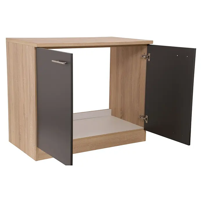 Respekta Merle Spülenunterschrank - B x T x H: 100 x 60 x 84,8 cm, Grau - Ein moderner Unterschrank in Holzoptik mit grauen Türen, die den Blick auf das Innenleben freigeben. Praktische Aufbewahrungslösung.