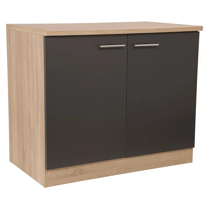 Respekta Merle Spülenunterschrank - B x T x H: 100 x 60 x 84,8 cm, Grau - Modernes Sideboard mit zwei grauen Türen und silbernen Griffen, ideal für zusätzlichen Stauraum in jedem Raum. Die Holzoptik verleiht Wärme.