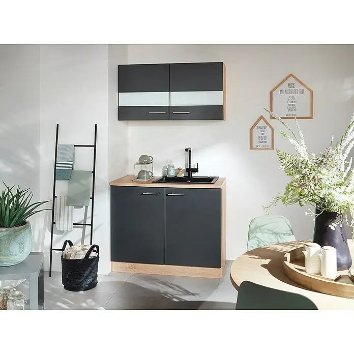Respekta Merle Spülenunterschrank - B x T x H: 100 x 60 x 84,8 cm, Grau - Das moderne Waschbecken-Set mit Unterschrank und Hängeelementen in Grau und Holzoptik bietet stilvollen Stauraum für jedes Badezimmer.