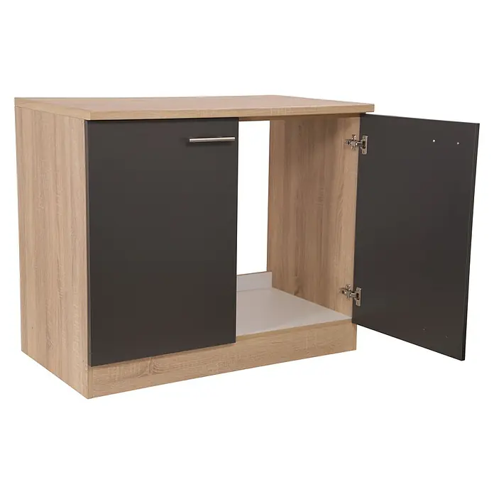Respekta Merle Spülenunterschrank - B x T x H: 100 x 60 x 84,8 cm, Grau - Ein Unterschrank mit einer grauen und einer offenen Tür im Holzdesign. Eine Schublade ist an der geschlossenen Tür angebracht.