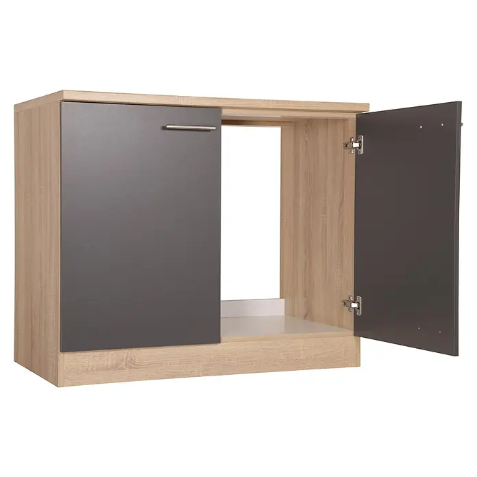 Respekta Merle Spülenunterschrank - B x T x H: 100 x 60 x 84,8 cm, Grau - Aufnahme eines Holzschranks mit grauen Türen. Der Schrank hat zwei Türen, von denen eine geschlossen und die andere offen ist.