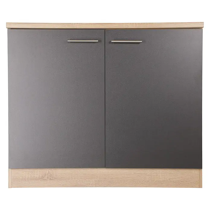 Respekta Merle Spülenunterschrank - B x T x H: 100 x 60 x 84,8 cm, Grau - Grauer Schrank mit zwei Türen und hellen Holzrahmen oben und unten. Silberne Griffe schmücken die Türen.