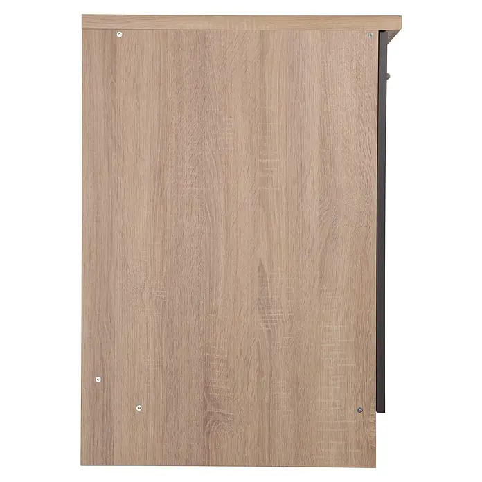 Respekta Merle Spülenunterschrank - B x T x H: 100 x 60 x 84,8 cm, Grau - Seitenansicht eines Holzschranks mit hellbrauner Oberfläche und sichtbaren Schrauben, der Stabilität und Funktionalität vereint.